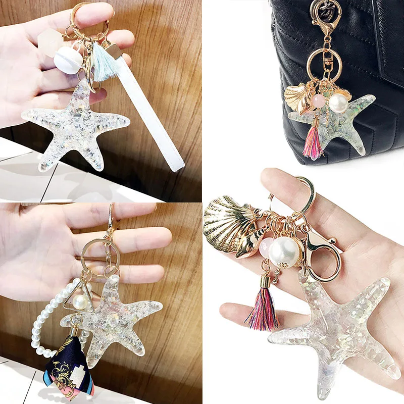 

Sale Starfish Pearl Keychain Women Car Sea World Keyring Bag Pendent Crystal Shell 1PC Gifts