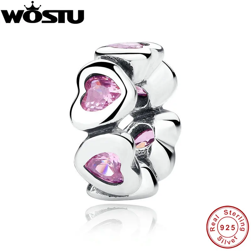 

925 Sterling Silver Fancy Pink Sparking Hearts Spacer Charm Beads Fit Original wst Bracelet Authentic Luxury DIY Jewelry