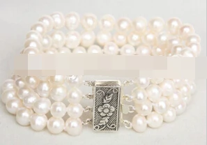

13374 8" 4row 8mm white freshwater pearls bracelet 925 silver clasp
