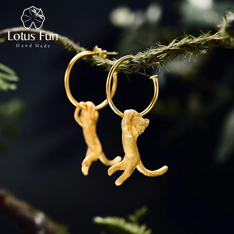 

Lotus Fun Solid 925 Sterling Silver Earrings for Women Animal Charm Monkey Hoop Earring Fine Jewelry silver 925 earing for girl