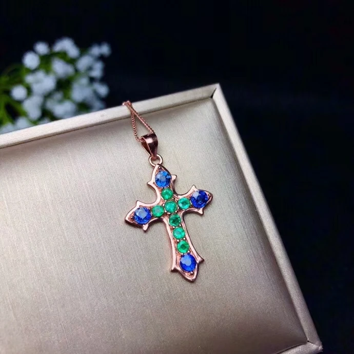 Pendentif croix émeraude naturelle colliers pendentif saphir naturel S925 argent rétro personnalité