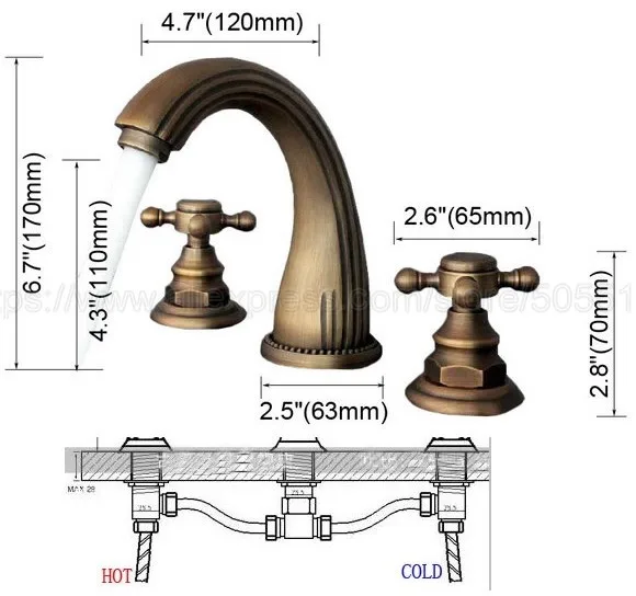 3 pcs Antique Brass Deck Mounted Bathroom Mixer Tap Bath Basin Sink Vanity Faucet Water Tap Bath Faucets znf199