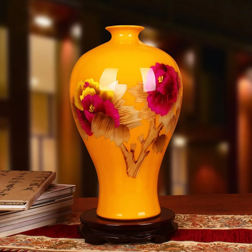 

Jingdezhen ceramics factory wholesale Yellow Peony Flower Vase straw craft vase Home Furnishing decorative ornaments