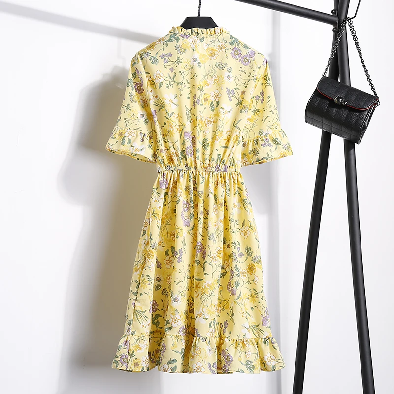 2018送料無料新ファッション花柄シフォンサマードレス甘い薄いスリム女性のワークウェアプリントドレスカジュアルかわいいホット