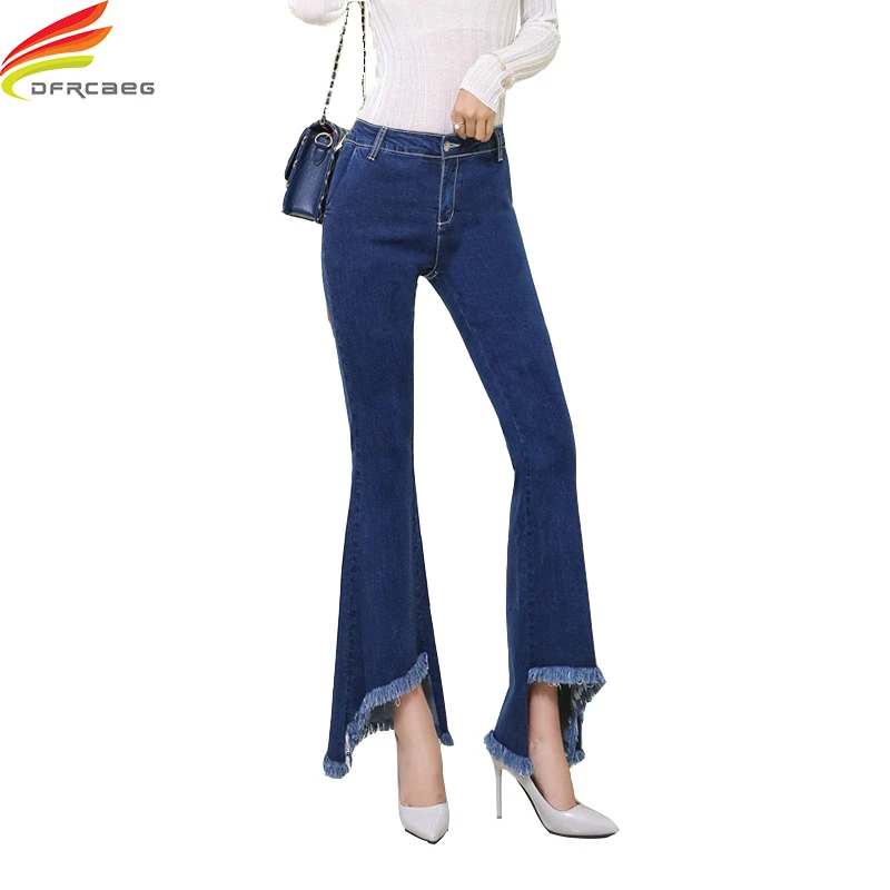 Flare Jeans 2018 verano estilo de la calle alta calidad azul señoras pantalones Pantalones alta cintura vaqueros flaco Jean Femme|Pantalones vaqueros| AliExpress