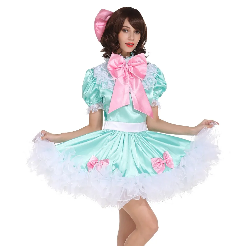 Sissy Girl Lockable Maid Bow Dress Satin Puffy Crossdress Transgender Cosplay Costume