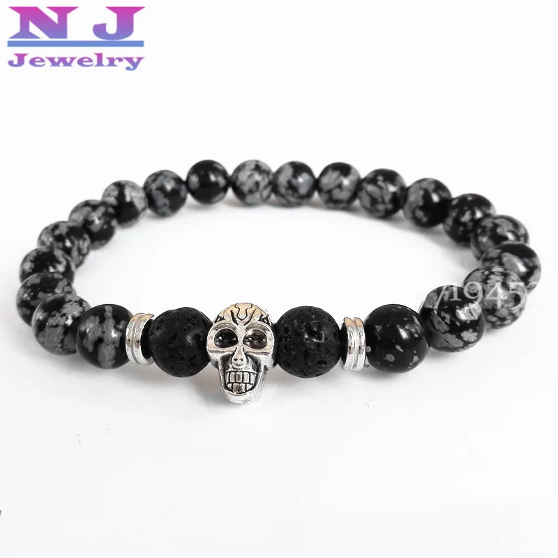 

10PCS AAAA+High Quality Beaded Bracelets Snowflake Obsidian and Lava Stone Beads with Silver Skull Bracelet Energy Yoga Bracelet