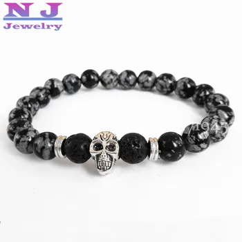 

10PCS AAAA+High Quality Beaded Bracelets Snowflake Obsidian and Lava Stone Beads with Silver Skull Bracelet Energy Yoga Bracelet
