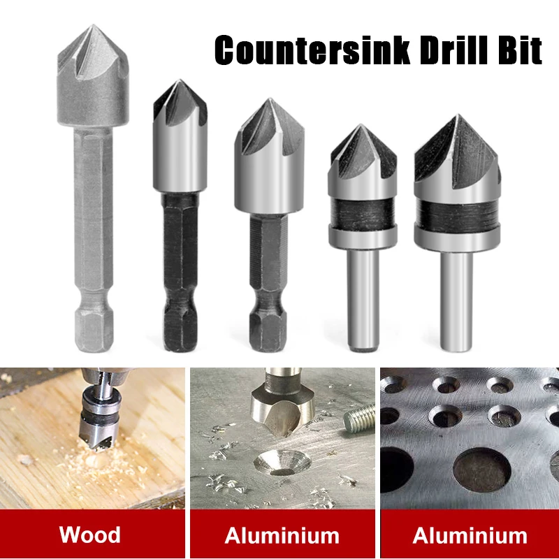 5pc Industrial Countersink Drill Bit Set 5 Flutes Counter 