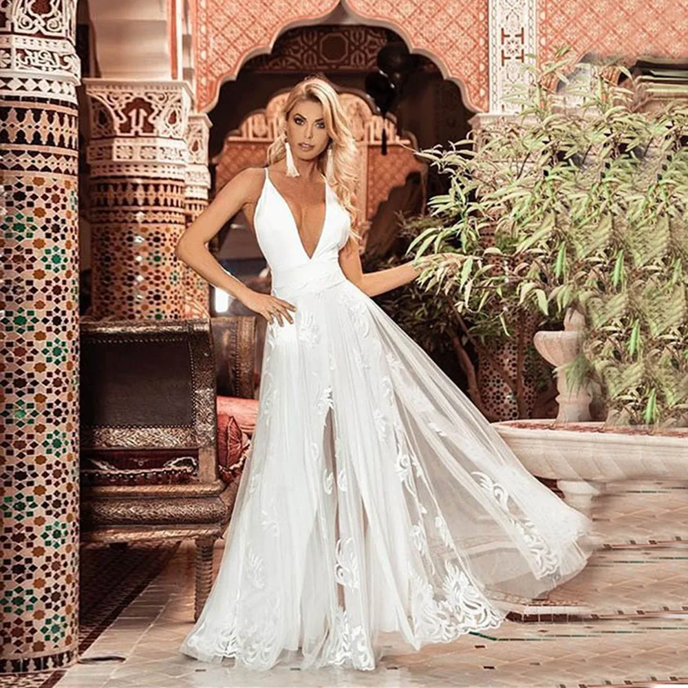 

2019 Women long Dress Sexy Deep V Neck Casual Party Dress Spaghetti Strap Lace Mesh Floor Length Dress Wedding Gowns Vestidos
