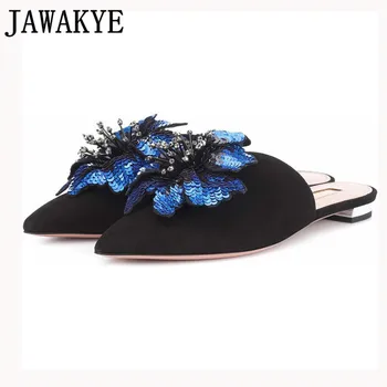 

Spring summer slippers women kid suede girl Mules sequins flowers crystal fringe flat flip flops casual cozy beach shoes women