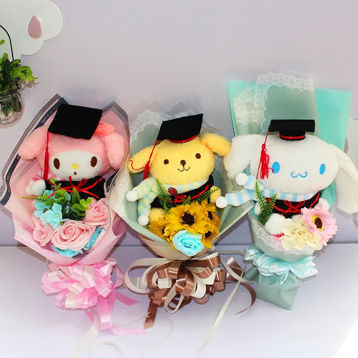 

New Pom Pom dog plush Cute My Melody Doctorial hats cartoon flower Bouquet Stuffed Animal Dolls For Graduation gifts