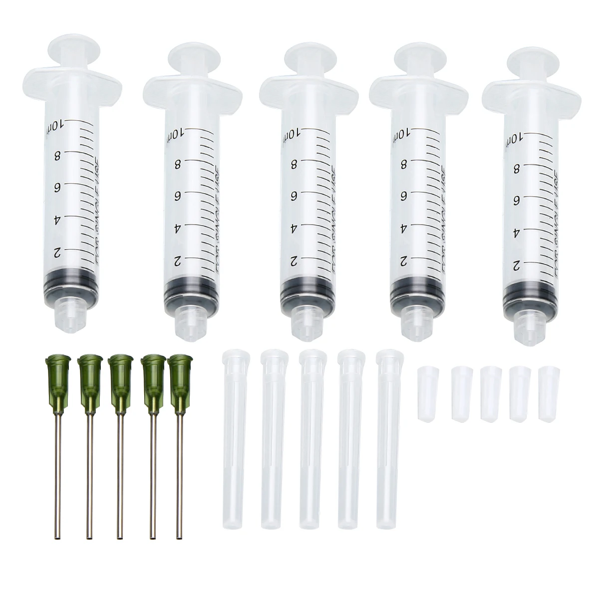 1 Set 5 Pack Plastic Syringe 10ml With 14 ga 1.5" Blunt Tip Needle + Clear Tip Storage Cap For Dispensing Adhesives Glue
