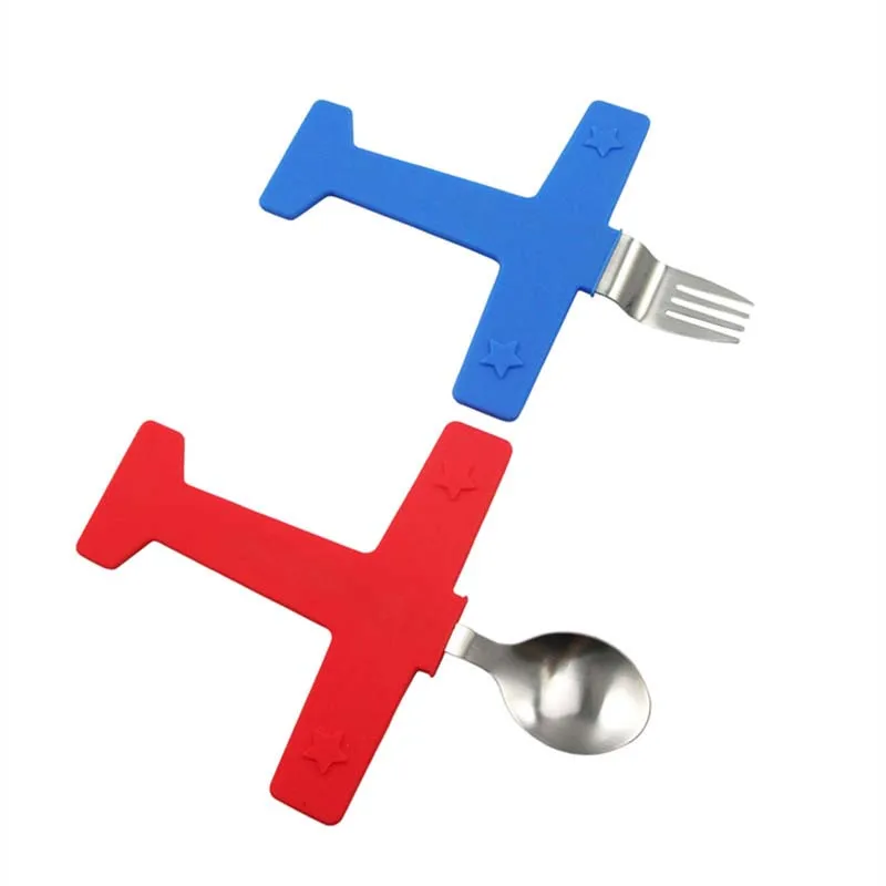 

2 Pieces/set creative children spoon fork Steak Dinner Dessert Feeding Fork Spoon Airplane spoon+ fork set