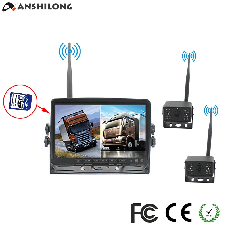 

ANSHILONG 2pcs Digital Wireless AHD 1080P Car Backup Rear View Camera + 7" Split Screen Monitor with DVR System