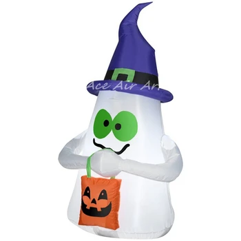 

Internal lights inflatable halloween ghost wearing witches hat and holding a bag inflated by a free fan