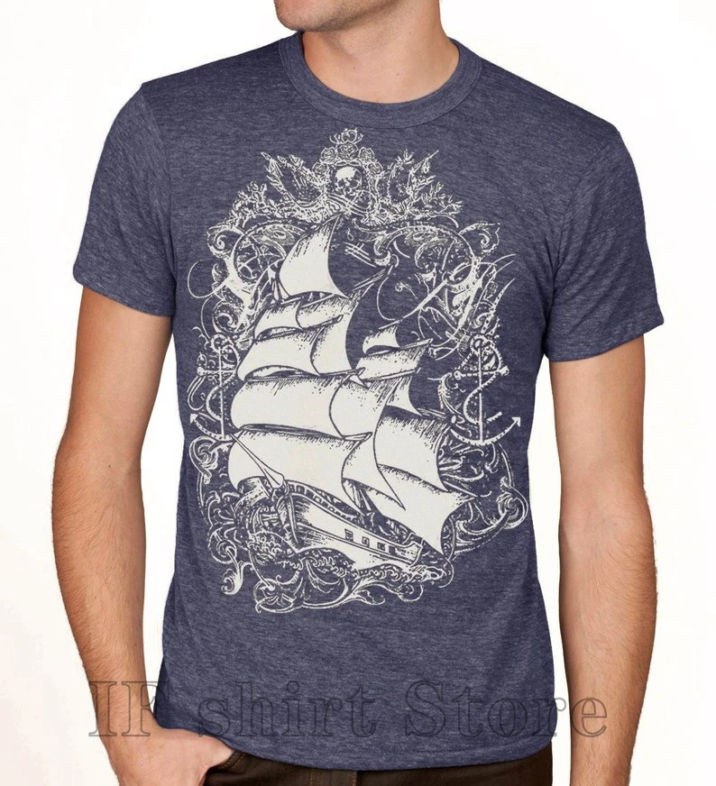 

Pirate Ship tshirt Tall Ship T-shirt Dark Indigo Tri-Blend Crew t-shirt Mens graphic tee Gift 100% cotton O-neck tshirts