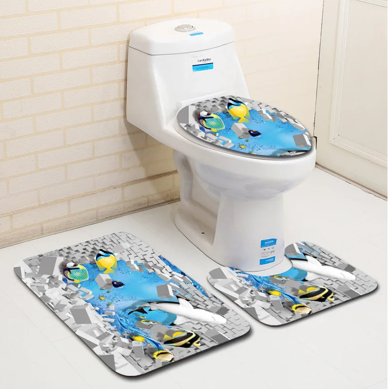 Zeegle 3D рыбка печатная коврики для ванной комнаты 3 шт. нескользящий коврик в туалет моющийся стойка для тряпок крышка Туалет крышка коврики для ванной