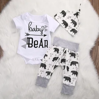 

2019 summer new born baby clothes set boy cotton letter Short sleeve Jumpsuit+pants+hat 3pcs set infants and toddler clothing