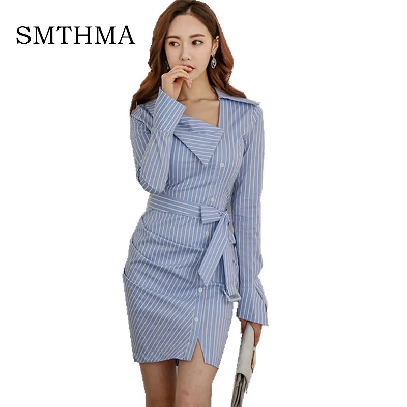 

SMTHMA 2019 Spring OL temperament long-sleeved striped lace Slim fashion package hip dress