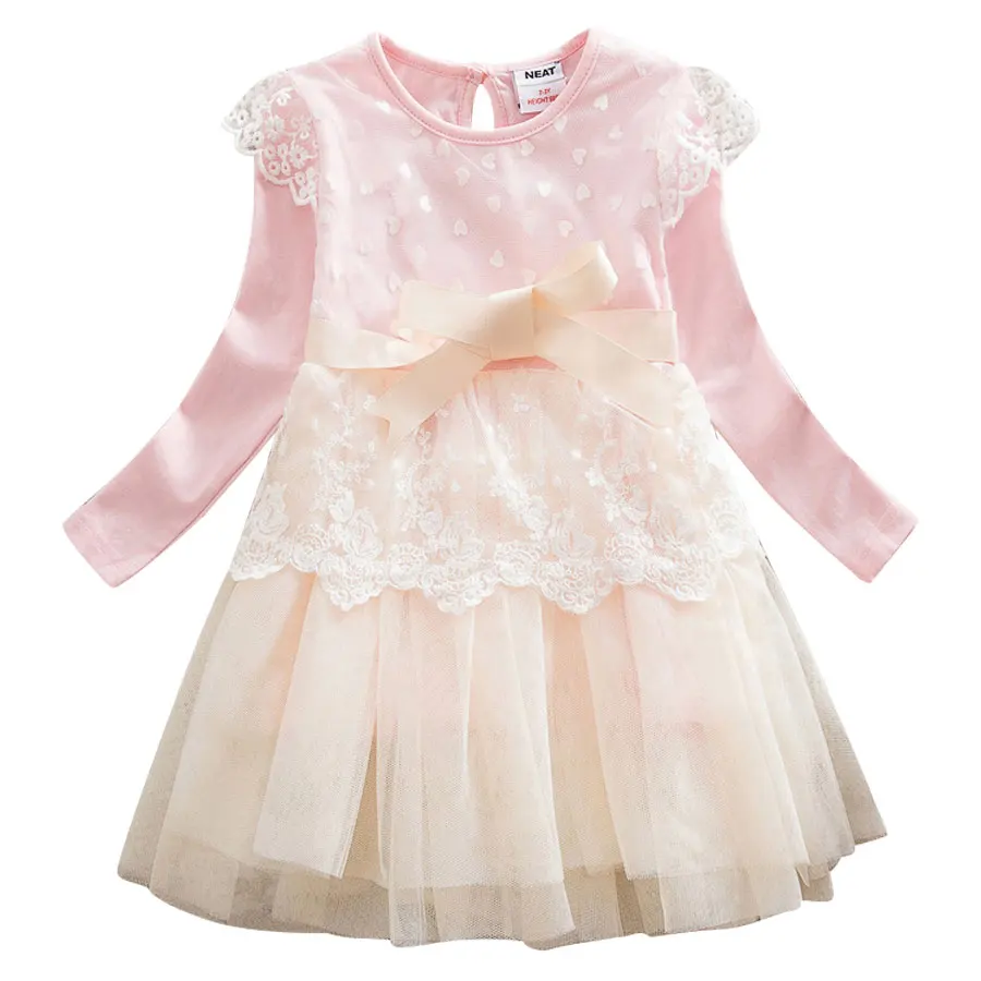 Платье для девочек; модное кружевное платье принцессы с длинными рукавами, вышивкой и сеткой с бантом на поясе и круглым вырезом