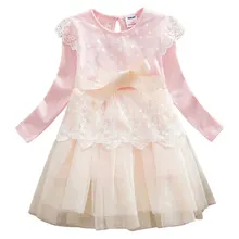Платье для девочек; модное кружевное платье принцессы с длинными рукавами, вышивкой и сеткой с бантом на поясе и круглым вырезом