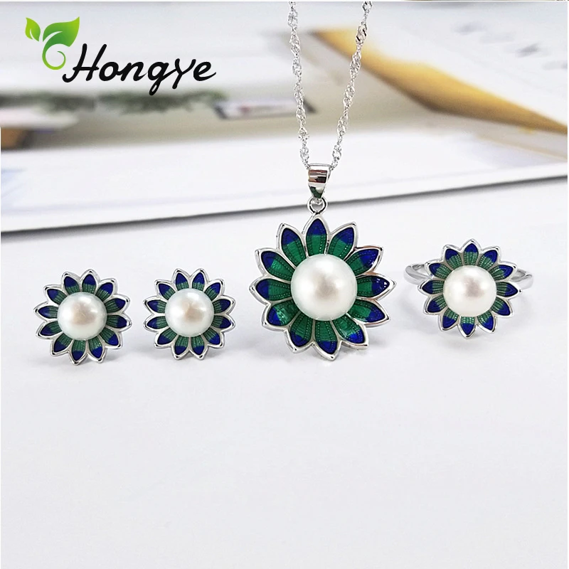 

Hongye Fashion Green Floral Pearl Sets Sweet Girls Stud Earrings Sterling Silver Adjustable Rings Luxury Jewelry Gifts for Party