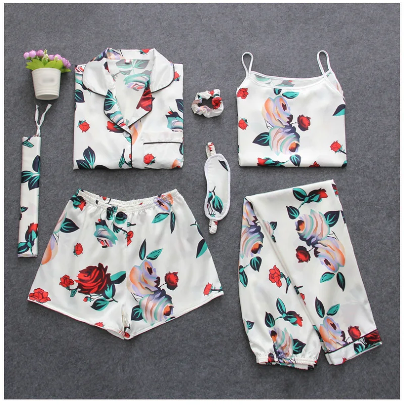 Satin Sleepwear Sexy Pyjamas Pijamas Women Pajamas Sets Slik Sleep Lounge 7 Pieces Nightwear Ladies Pajama Suit Indoor Clothing for women (13)