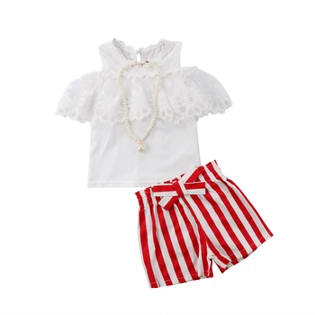 

2-7T Cool Summer 2PCS Toddler Kids Baby Girl Clothes White Lace Tops+Red White stripes Shorts Pants Outfits Set