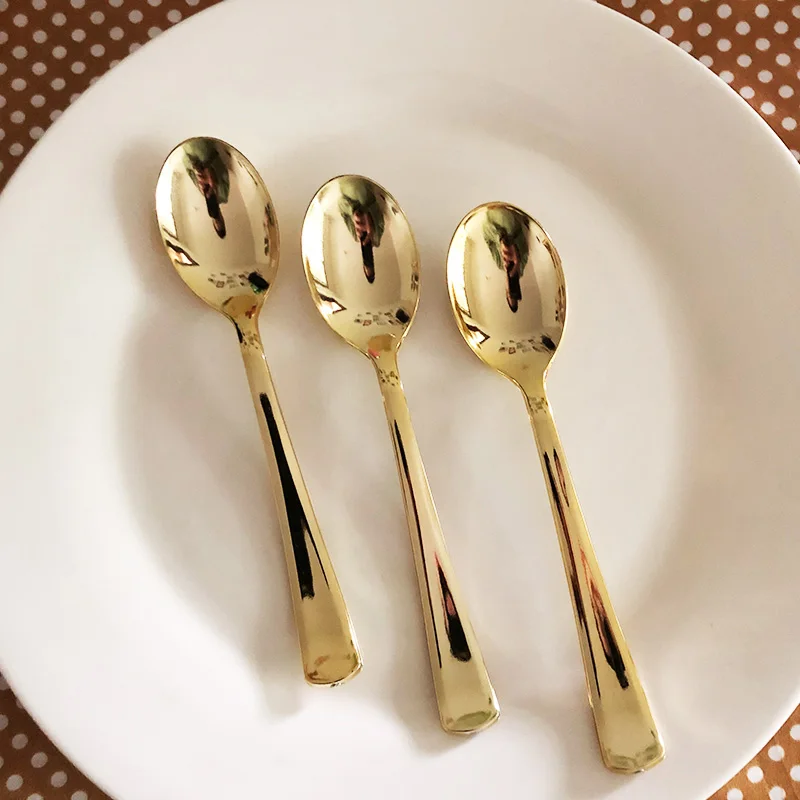 Блестящая золотая посуда пластиковая одноразовая набор вилки, ножи, ложки сверхмощный пластиковый набор столовых приборов свадебные принадлежности - Цвет: Shape A Spoons