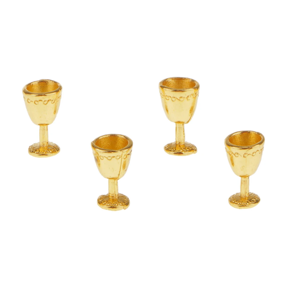 Gold Metal Goblet Red Wine Cups Dolls House Miniature Dining Room Pub Bar Accessory Pack of 4pcs