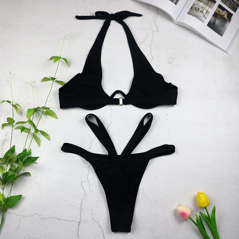 2018 Sexy high cut thong Bikini High Waisted Swimsuit Halter Push Up Bikini Brazilian Biquini swim beach micro bikini 3436