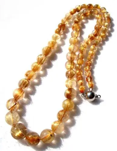 

huij 004185 Natural Golden Rutilated Quartz Round Beads Necklace 5mm~11mm