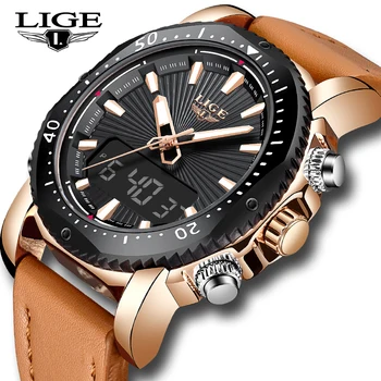 

2019 Fashion Men's Watches LIGE New Double Display Analog Quartz Watch Men Sports Waterproof Military Luminous Chronograph+Box
