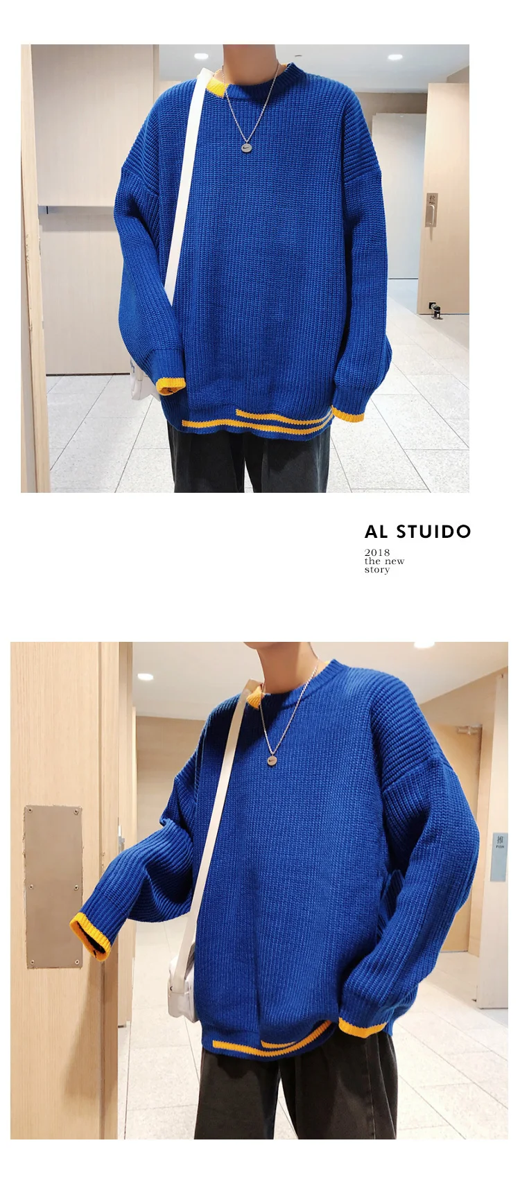 Осень-зима 2019 Новые однотонные Цвет корейской моды Повседневное свободные Для мужчин свитер уличной шею Для мужчин вязаный свитер