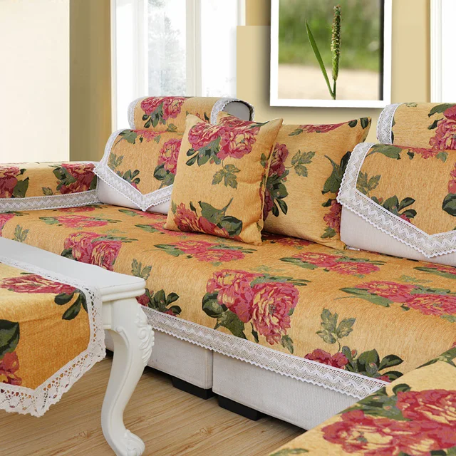 Chenille Big Jacquard Flocked Fabric Yellow Sofa Cover ...