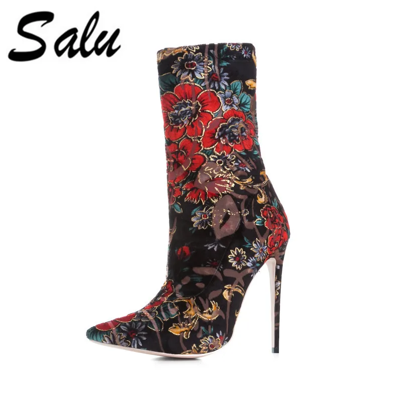 

Salu shoes women fashion pointed toe high heels sexy ankle boots mix color slim thigh high stretch boots