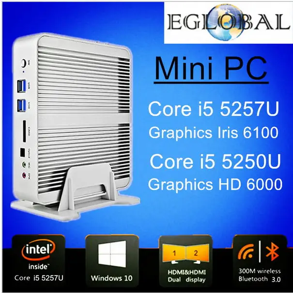 New Fanless Barebone Mini Computer Mini PC i5 5257U/5250U Haswell Windows 8 / 7/Linux Power12V 2*HDMI HTPC 4K 300M Wifi 3D Game