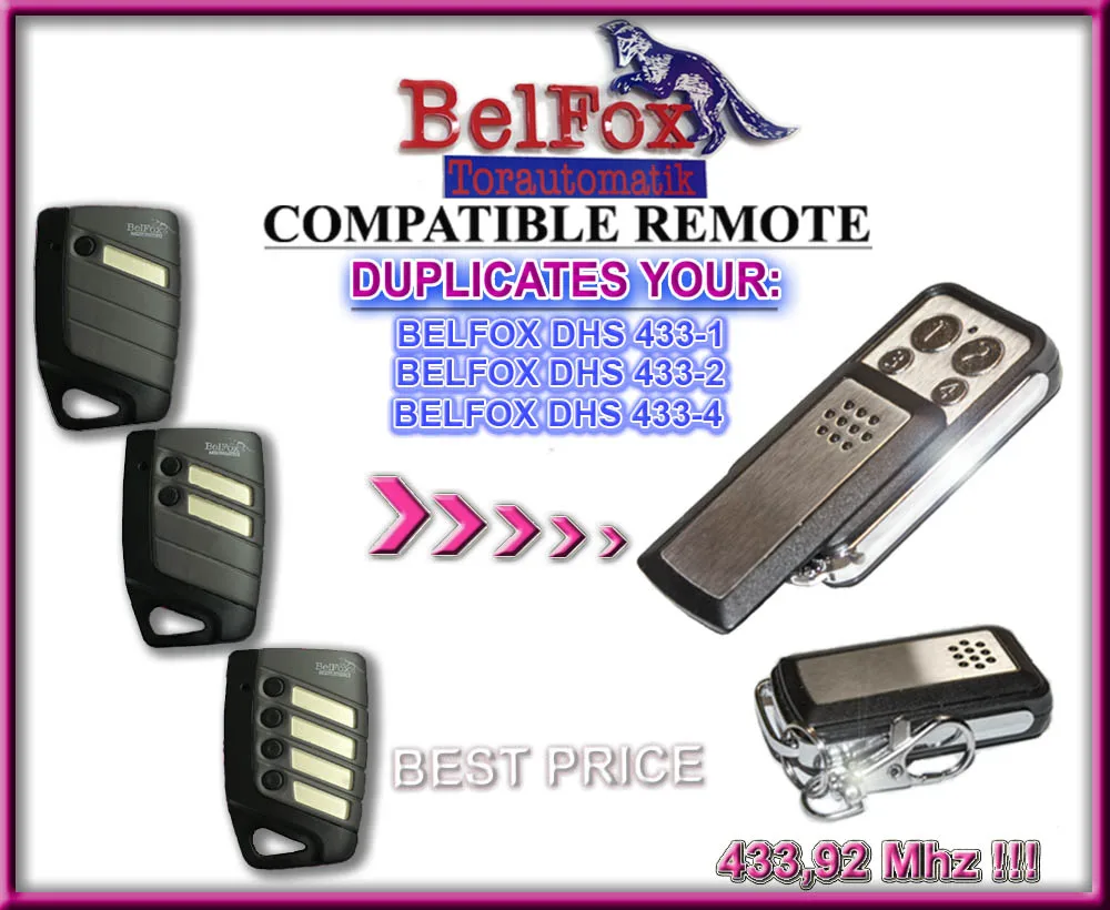 

for BELFOX DHS433-4 dip switch version , DHS 7733 dip switch version Fixed Code Remote Control Duplicator 4-Channel 433.92MHz.
