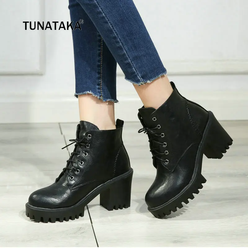 

Women Lace Up Comfort Thick Heel Martin Boots Fashion Platform Round Toe Cross Tied Ankle Boots Warm Winter Shoes Black Gray