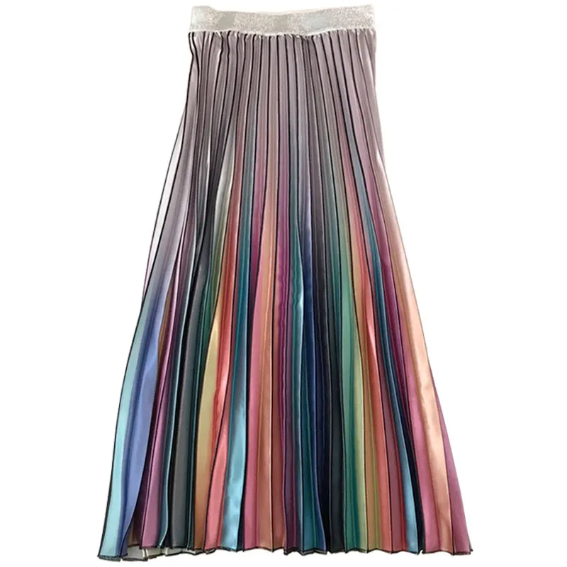 Gradient Skirt Pleated Long Skirt Woman Elegant High Waist A-Line Pleated School Midi Skirt Metallic Rainbow Female Autumn 0121