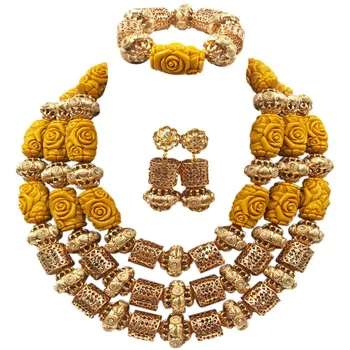 

Artificial Coral Jewelry Sets for Women Yellow and Gold Nigerian Wedding Gift Coral Bead Necklace Earrings Set for Brides ACB-33