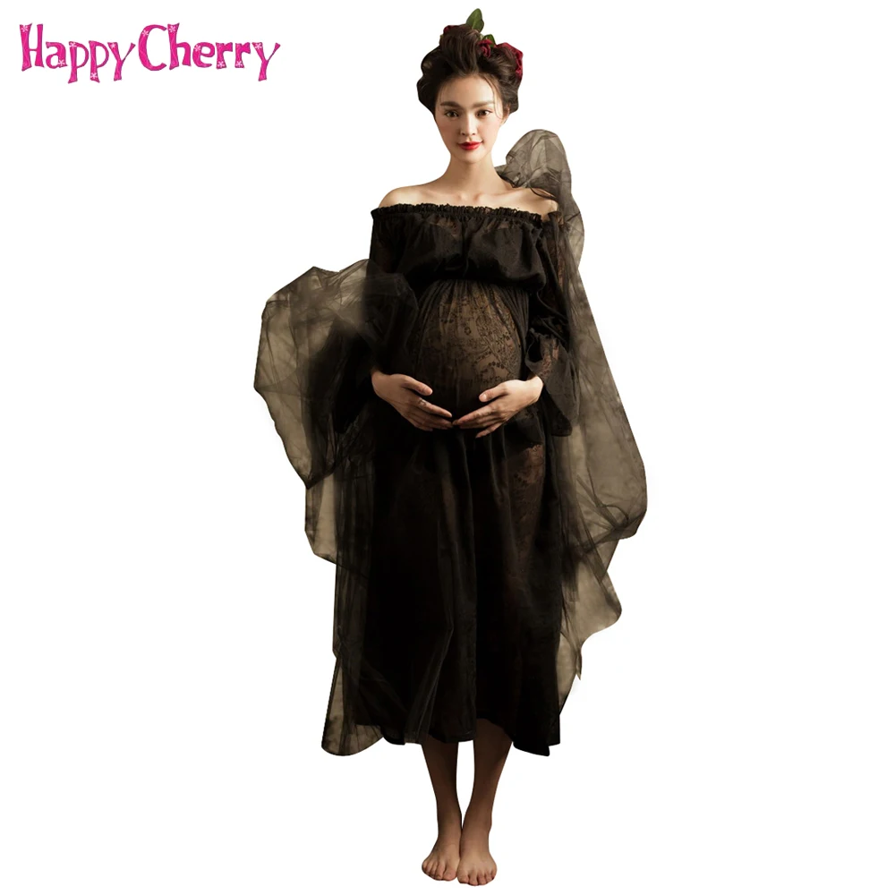 

Happy Cherry Black Lace Chiffon Shoulderless Maternity Dress Photography Props Pregnant Women Elegant Photo Shoot Clothing