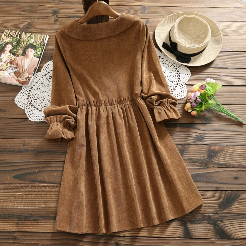 Женское короткое платье японского стиля"Preppy Style",милое вельветовое платье весна-осень,свободное мини платье,повседневное симпатичное платье для невысоких девушек,коричневого и розового цвета