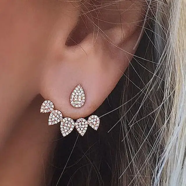 1pair Crystal Gold Silver Ear Cuff Clip Leaf Stud Earrings For Women 1pair Crystal Gold Silver Ear Cuff Clip Leaf Stud Earrings For Women Jacket Piercing Jewelry