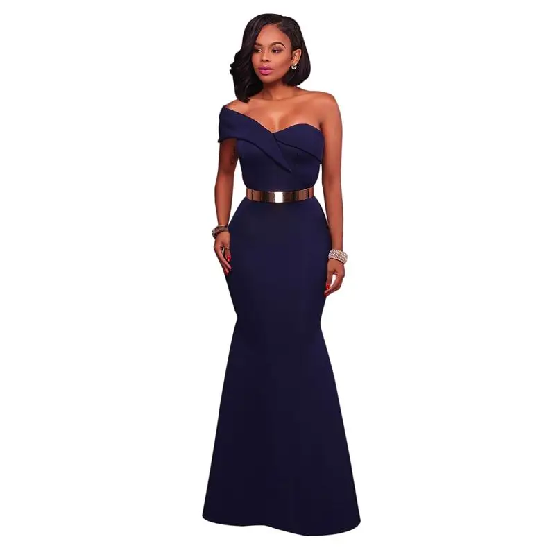 SEBOWEL Elegant Women One Shoulder Formal Party Dresses Vintage Sequin Belt Mermaid Irregular Neck Long Dress (8)
