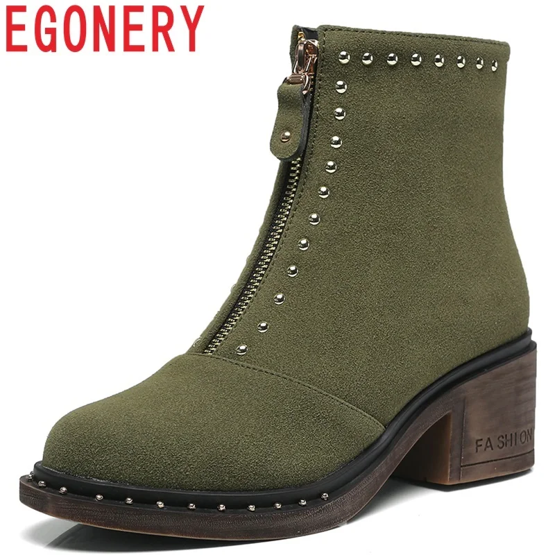 

EGONERY size 32-43 women shoes 2019 winter new fashion round toe med square heel platform front zipper three colors ankle boots