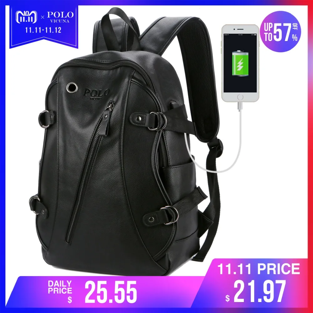 VICUNA POLO Man Leather Casual Brand USB Interface Backpack Bag With