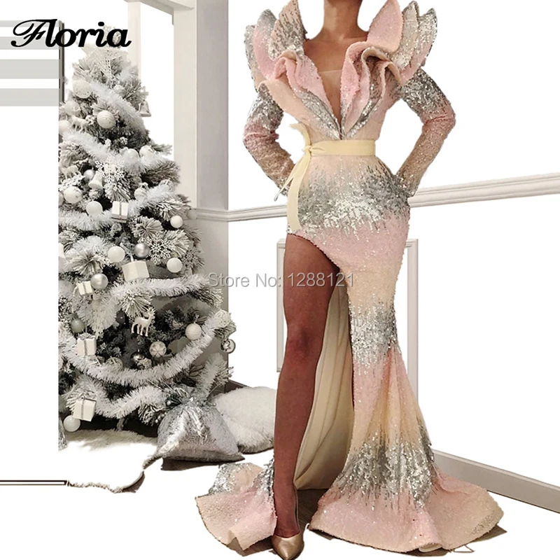 Multi Color High Split Formal Evening Dresses Sequins Long Dubai Prom Dress Couture Gown For Middle East Kaftans Vestido | Свадьбы и