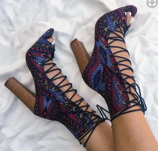 

LoneLinecc Sexy Mixed Colors Flock Lace-Up Shoes Cross-tied Square Heel Woen's Shoes Peep toe Hollow Hout Women's Sandals